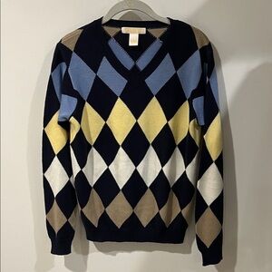 Brooks Brothers V-Neck Argyle Sweater - Blue, Yellow, Brown